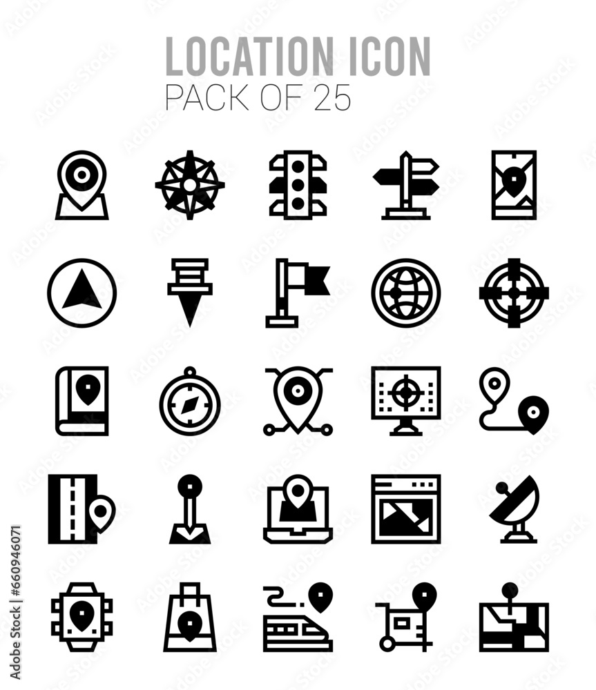 25 Location Lineal Fill icons Pack vector illustration.