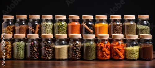 Spice and herb storage in glass jars With copyspace for text