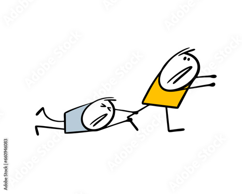Man father is trying to escape from an annoying child. Vector illustration of unpleasant relationships, the partner clings to the idol leg and demands attention.