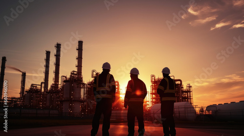 Silhouette of Teams engineer and foreman working at petrochemical oil refinery in sunset © Ruslan Gilmanshin