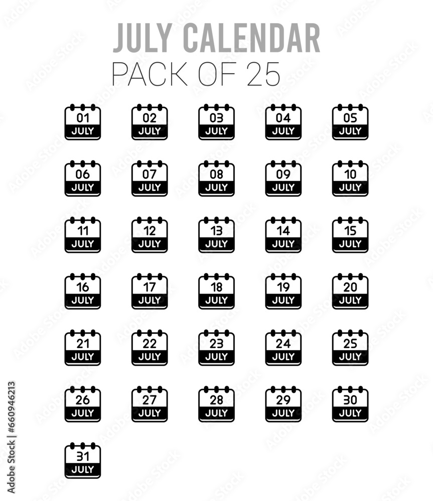 25 July Calendar Lineal Fill icons Pack vector illustration. 25 July Calendar Lineal Fill icons Pack vector illustration.