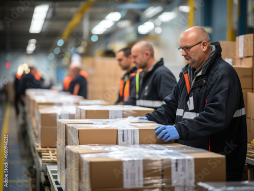 Workers in warehouse prepare and check boxes of goods to be shipped from cargo