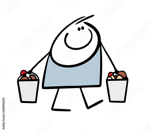 Satisfied man was picking mushrooms, came out of the forest with two full buckets. Vector illustration of a cartoon boy carrying prey in nature.