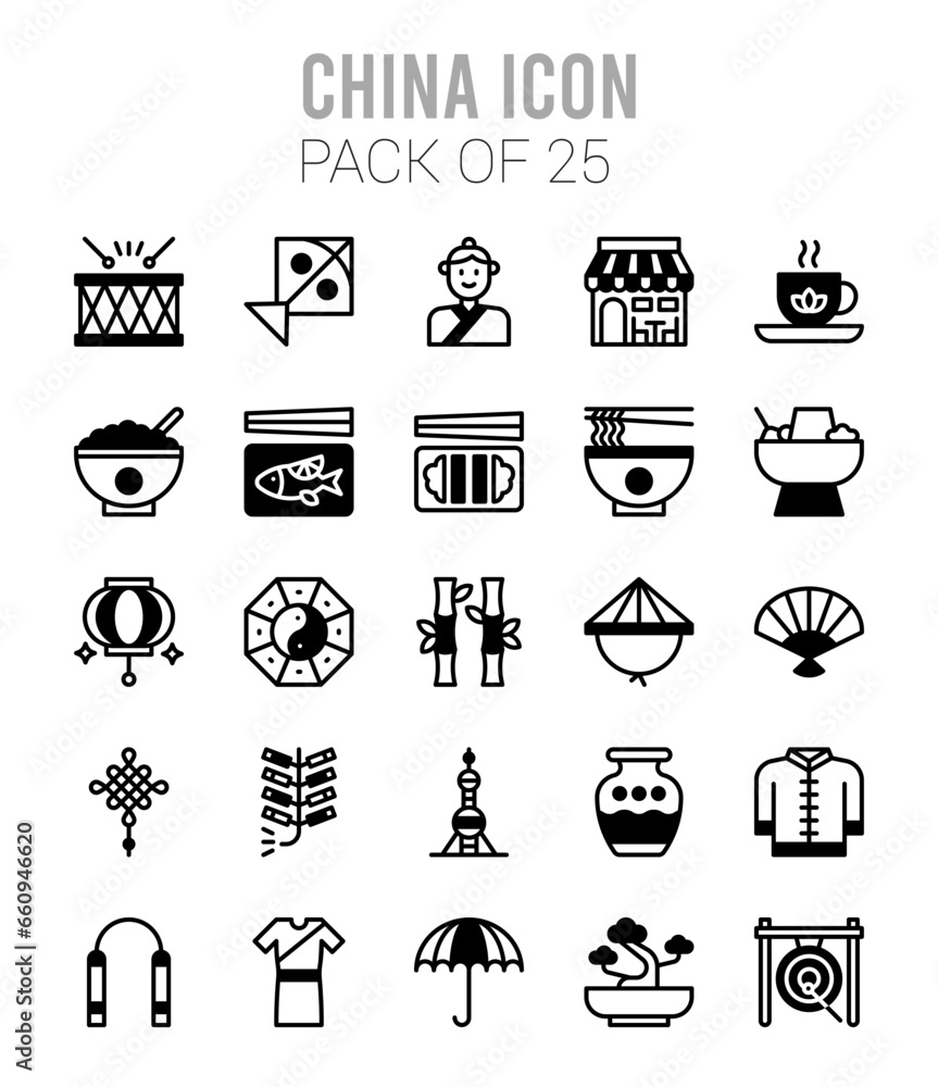 25 China Lineal Fill icons Pack vector illustration.