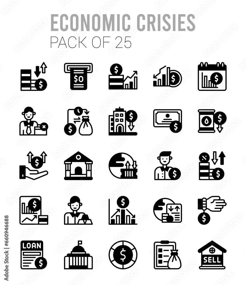 25 Economic Crisies Lineal Fill icons Pack vector illustration.