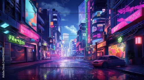Capture the essence of a bustling cityscape at twilight  with vibrant neon signs reflecting on wet pavement  creating a mesmerizing urban dreamscape.
