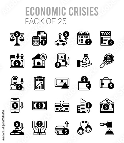 25 Economic Crisies Lineal Fill icons Pack vector illustration.