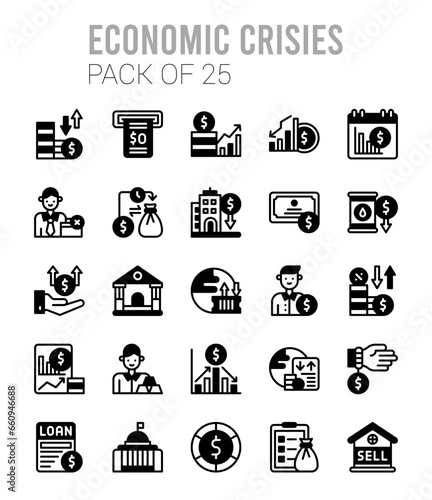 25 Economic Crisies Lineal Fill icons Pack vector illustration.