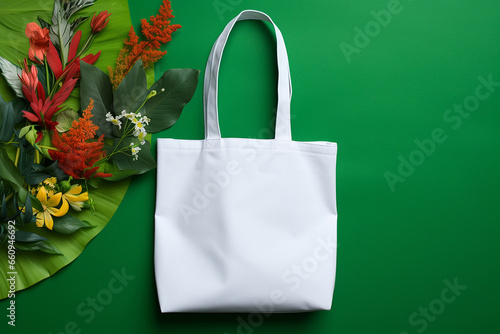 White tote bag mockup on green background. Shopper handbag. Template blank cotton shopping eco reusable bag. Green Friday, sale accessories. Minimalist eco friendly design, zero waste movement concept photo