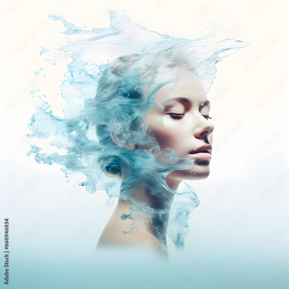 Double exposure photography of woman and color waves