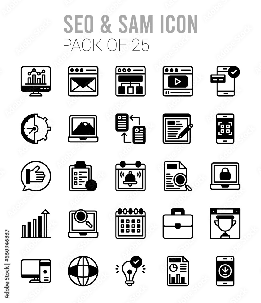 25 SEO And SAM Lineal Fill icons Pack vector illustration.