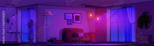 Dark night home living room interior cartoon background. House apartment corner with table, couch and in pink lamp bulb glow. 2d panoramic modern cozy lounge area with moonlight ray at nighttime.