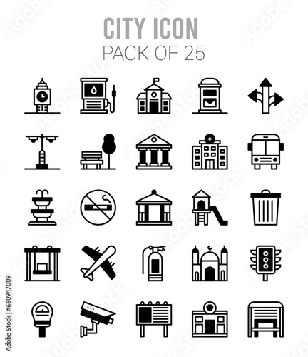 25 City Lineal Fill icons Pack vector illustration.