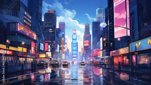 Capture the essence of a bustling cityscape at twilight, with vibrant neon signs reflecting on wet pavement, creating a mesmerizing urban dreamscape. © Elvin