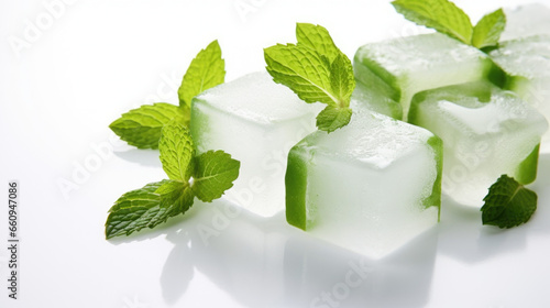 Ice cubes with lime and mint leaves