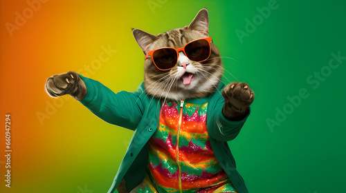 Cat wearing colorful clothes and sunglasses dances against green background
