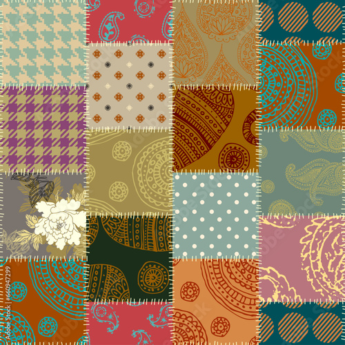 Quilting design patchwork pattern with natural khaki colors. Vector pattern.