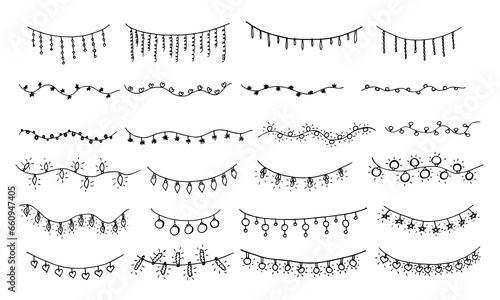 Christmas lights doodle. Set of decorations, garlands. String lights. Vector hand-drawn Christmas illumination Design for home decoration isolated on white background.