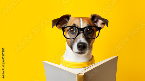 Dog wearing glasses holding opened book, yellow background studio portrait © Trendy Graphics