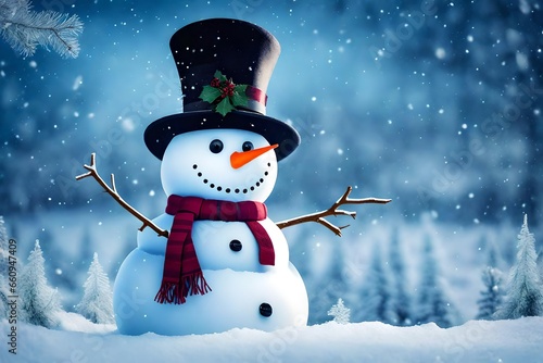 A card with a snowman wearing a top hat and a scarf.