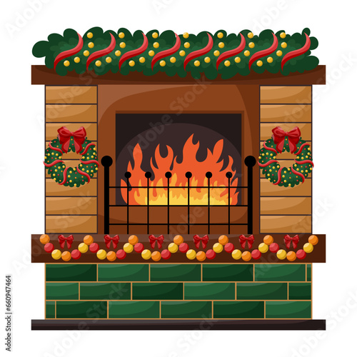 Fireplace with burning fire isolated on white background. Vector cartoon home hearth made of marble, brick, iron with wood, flame, chimney. Cozy fireplace with Christmas decorations, wreaths, garland