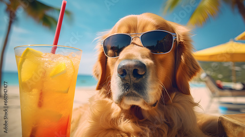 Golden Retriever dog holidaying at seaside resort wearing goggles, having fun with a glass of lemonade