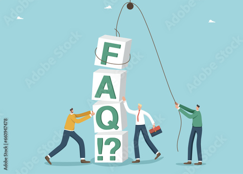 Brainstorming for solving business problems, questions and answers, FAQ, frequently asked questions, thought process and logic for difficult situations, people stack cubes with letters FAQ.