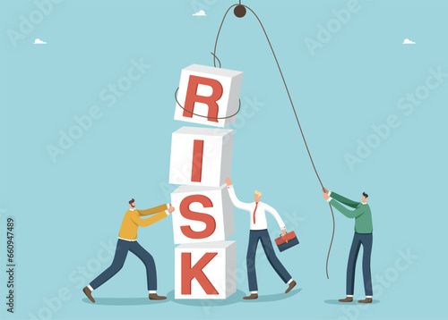 Risky choice of strategy or development path, achieve high results through hard work despite obstacles, achieve your goals in a highly competitive environment, people add cubes with the letters risk.