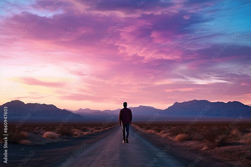  a man walking alone on a country road under gradient morning sky in pink blue hue, Generative Ai - obrazy, fototapety, plakaty 