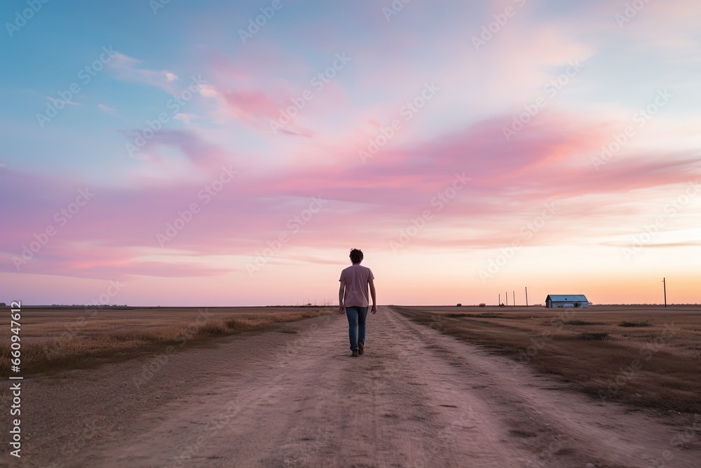 Fototapeta premium a man walking alone on a country road under gradient morning sky in pink blue hue, Generative Ai