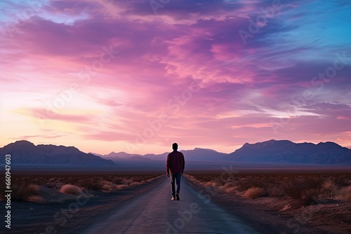  a man walking alone on a country road under gradient morning sky in pink blue hue, Generative Ai