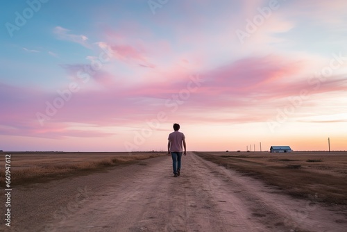  a man walking alone on a country road under gradient morning sky in pink blue hue, Generative Ai