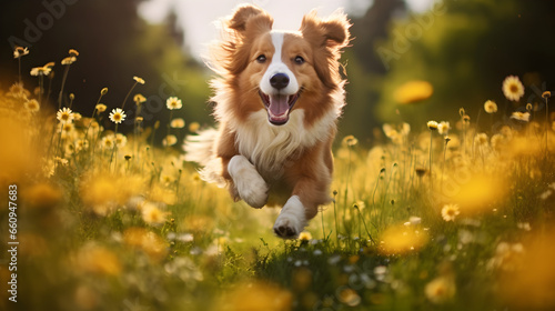 Happy funny dog jumping on a flower meadow © Trendy Graphics