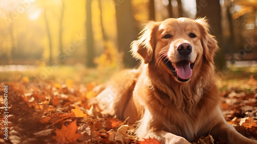 Happy golden retriever dog sitting calmly on Autumn nature background, Autumn activities for dogs. Fall Care Advice For Dogs © Trendy Graphics