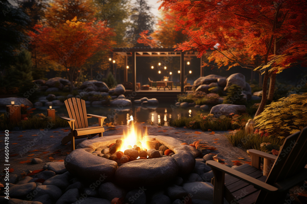 A warm autumn setting centered on a farm and a fire pit, Autumn Background created with generative AI