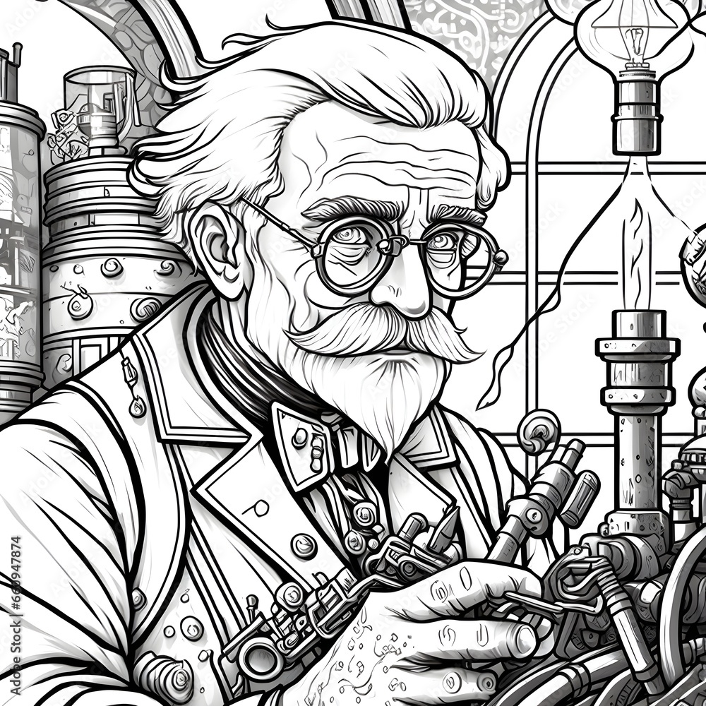 in the style of coloring page a steam punk old man scientist closeup working on a small mechanical device  - obrazy, fototapety, plakaty 