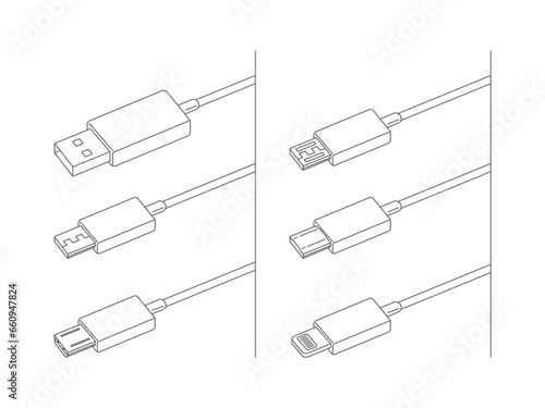 Set of USB cable icons, Mobile phone charger, Vector illustration.	