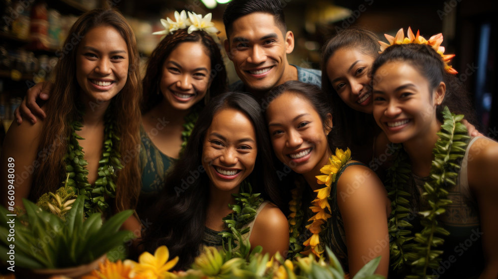 Fa'afafine gender identity in Samoan culture. Group of samoa women and men with Hawaiian flowers in their hair. - obrazy, fototapety, plakaty 