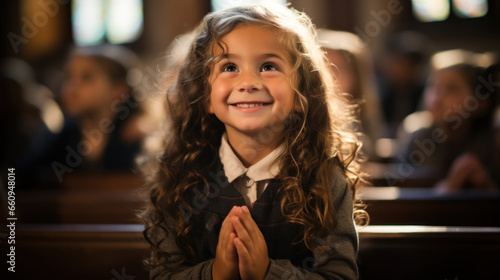 Catholic children and families in the US. Little girl praying in church.
