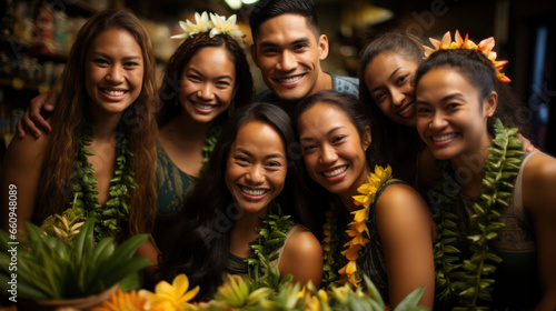 Fa'afafine gender identity in Samoan culture. Group of samoa women and men with Hawaiian flowers in their hair.