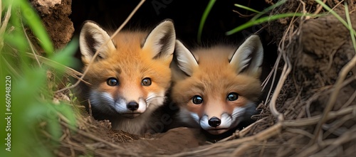 close up face portrait of young two red fox in hole, Generative Ai  © QuietWord