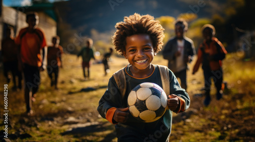 Portrait of happy Papuan boy holding soccer ball while his friends playing on background.