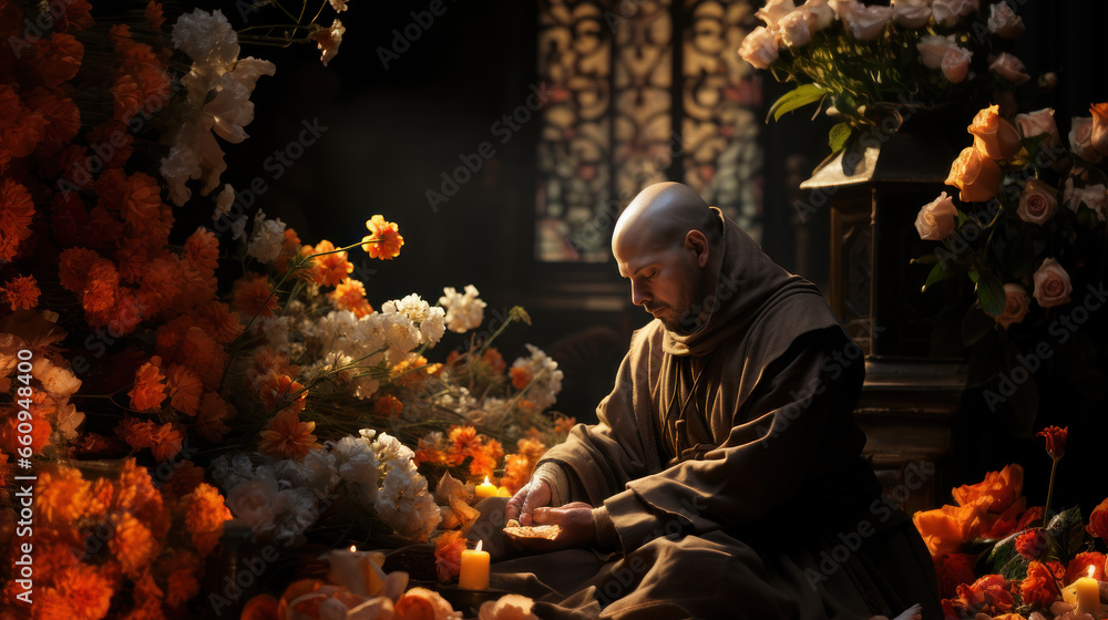 Bald monk franciscan in traditional brown clothes sitting in front of altar with flowers and pray. - obrazy, fototapety, plakaty 
