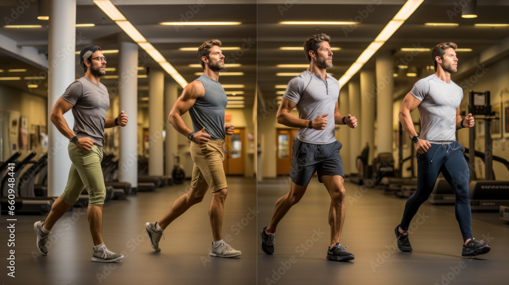 Sequential work out. Healthy young man running in a gym. Sport and fitness concept. Two variants of photo.