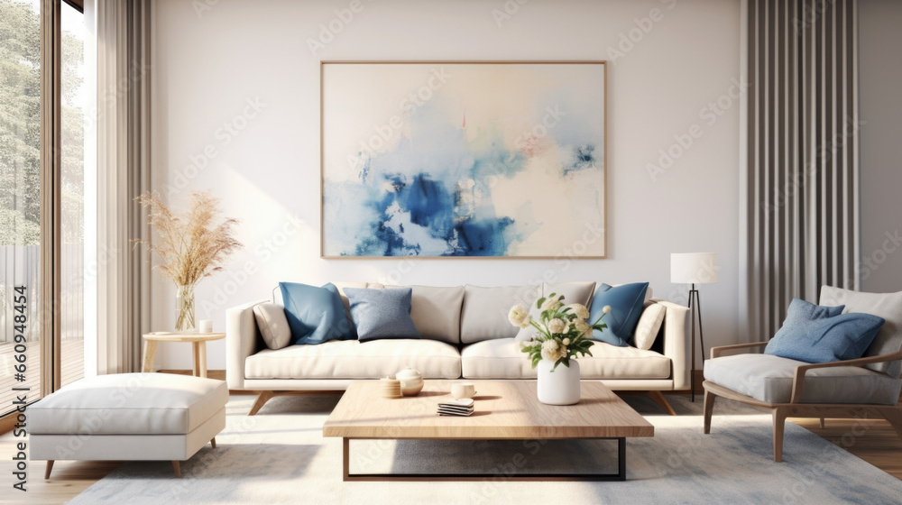 Stylish and Scandinavian living room interior of modern apartment with ...