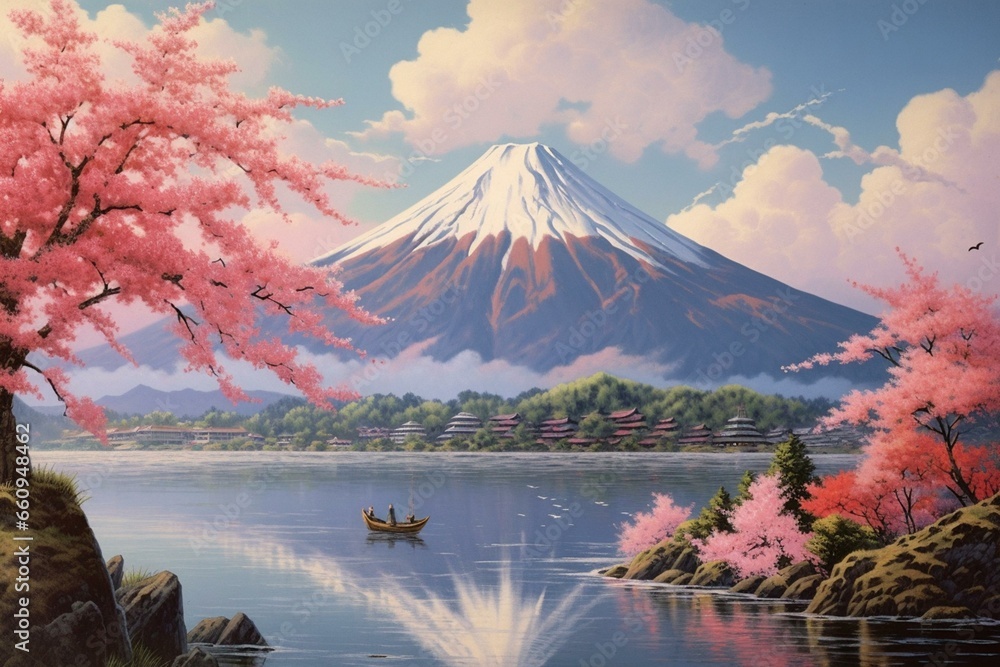 A visually stunning depiction of Mount Fuji in a serene and picturesque setting. Generative AI