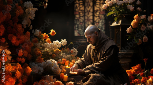 Bald monk franciscan in traditional brown clothes sitting in front of altar with flowers and pray. photo
