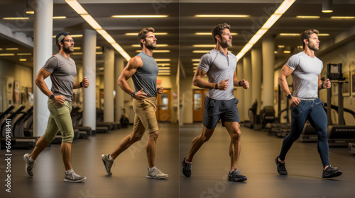 Sequential work out. Healthy young man running in a gym. Sport and fitness concept. Two variants of photo.