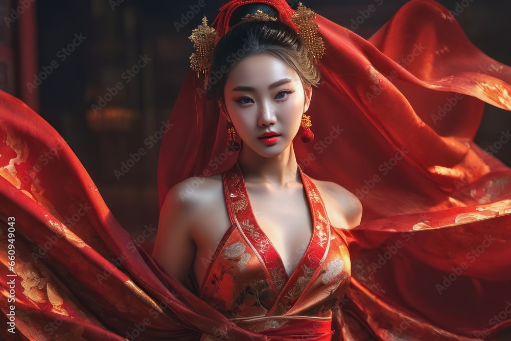 Beautiful Japanese Chinese young woman in traditional national dress is dancing. Generative AI