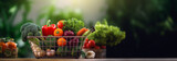 Supermarket shopping cart full of fresh vegetables and fruits, healthy organic food concept on blurred nature background with copy space. Eco friendly, vegan,vegetarian concept
